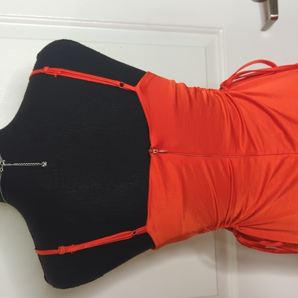 Christian Lacroix Square Neck Keyhole Satin Midi Dress Side Ties Orange Red XS - Picture 9 of 13